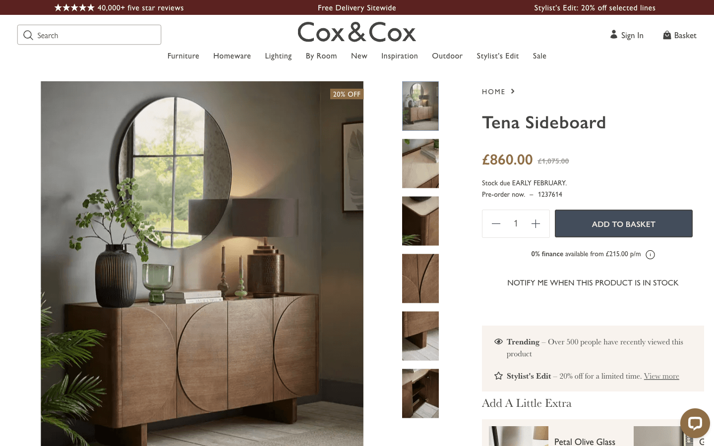 Cox & Cox product page with photos, pricing, and key details