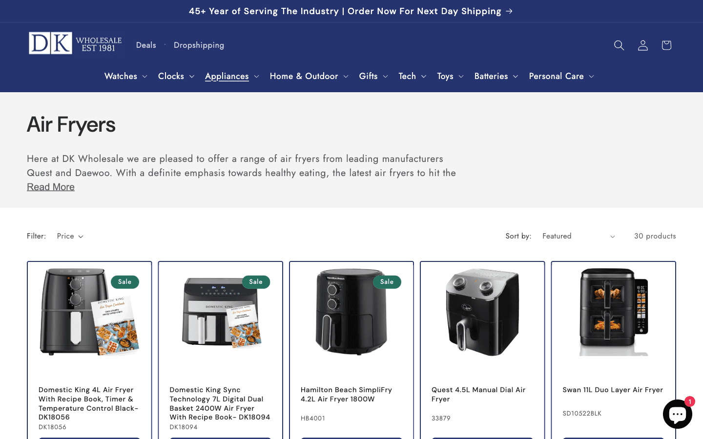 Página de categoría de DK Wholesale con grid de productos y filtro