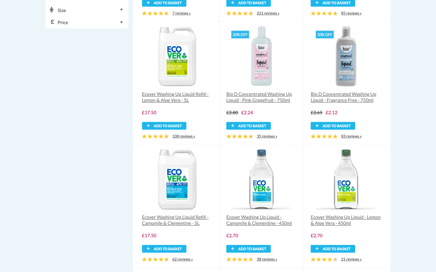 Ethical Superstore category page showing product grid with prices and reviews