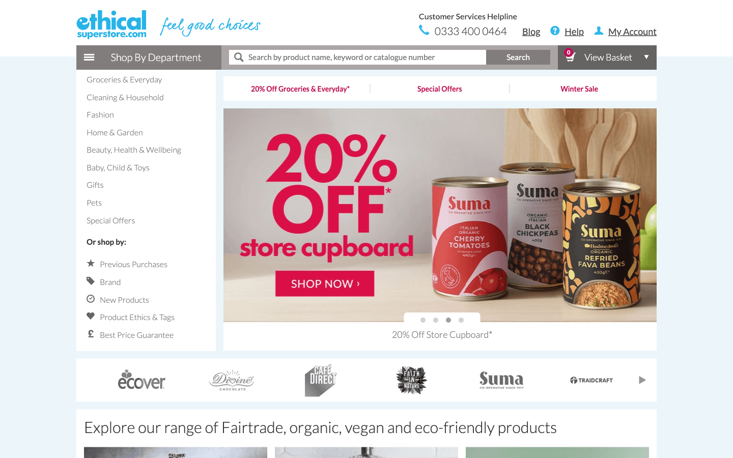 Ethical Superstore homepage with departments and eco-focused navigation