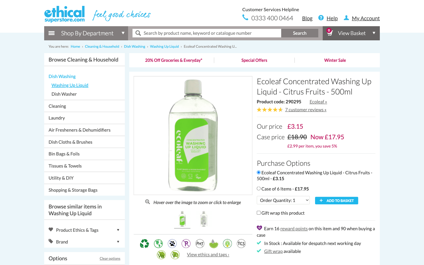 Ethical Superstore product page with image, price, and purchase options