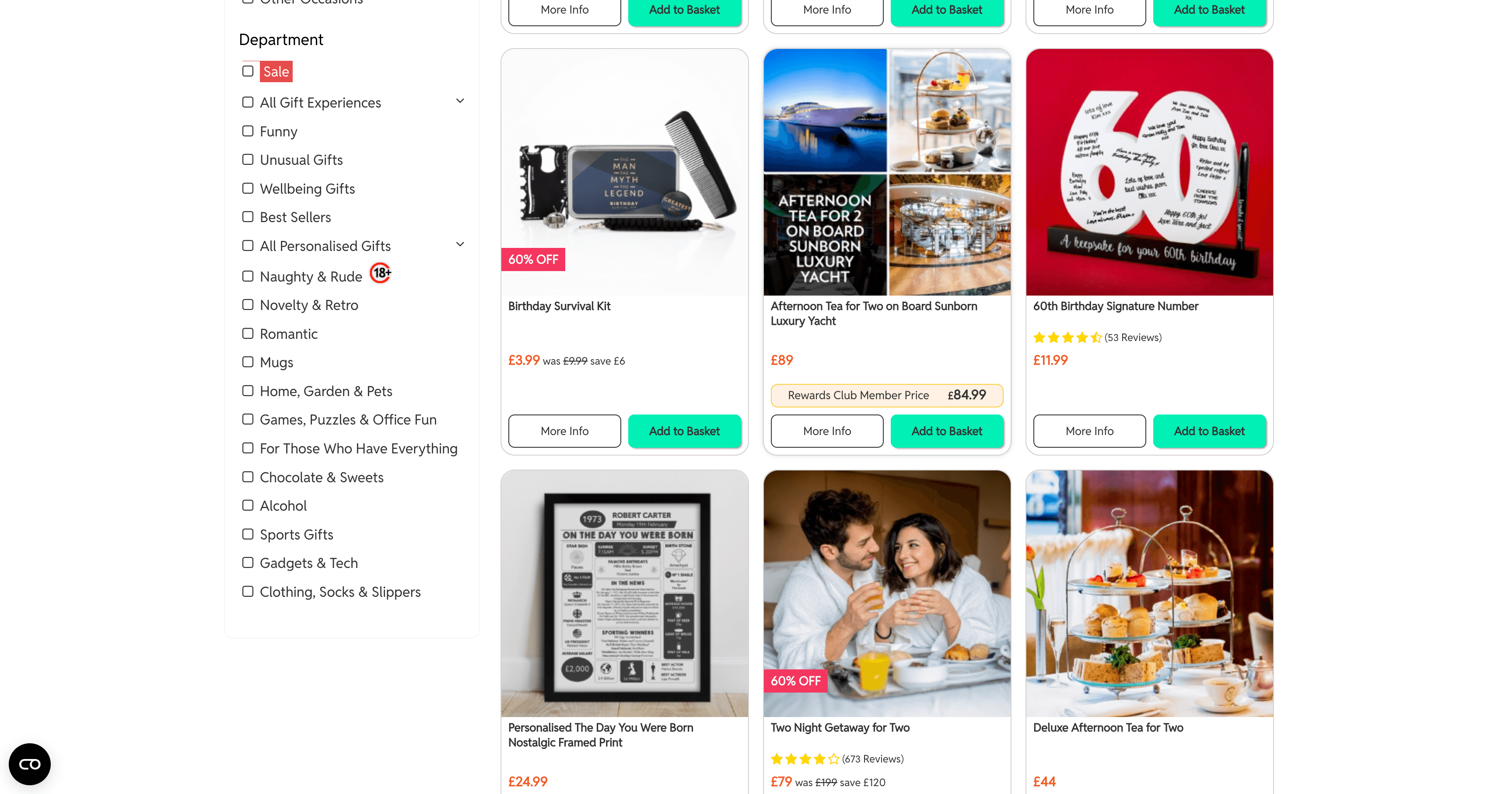 Categoria Find Me a Gift con griglia prodotti, prezzi e pulsanti