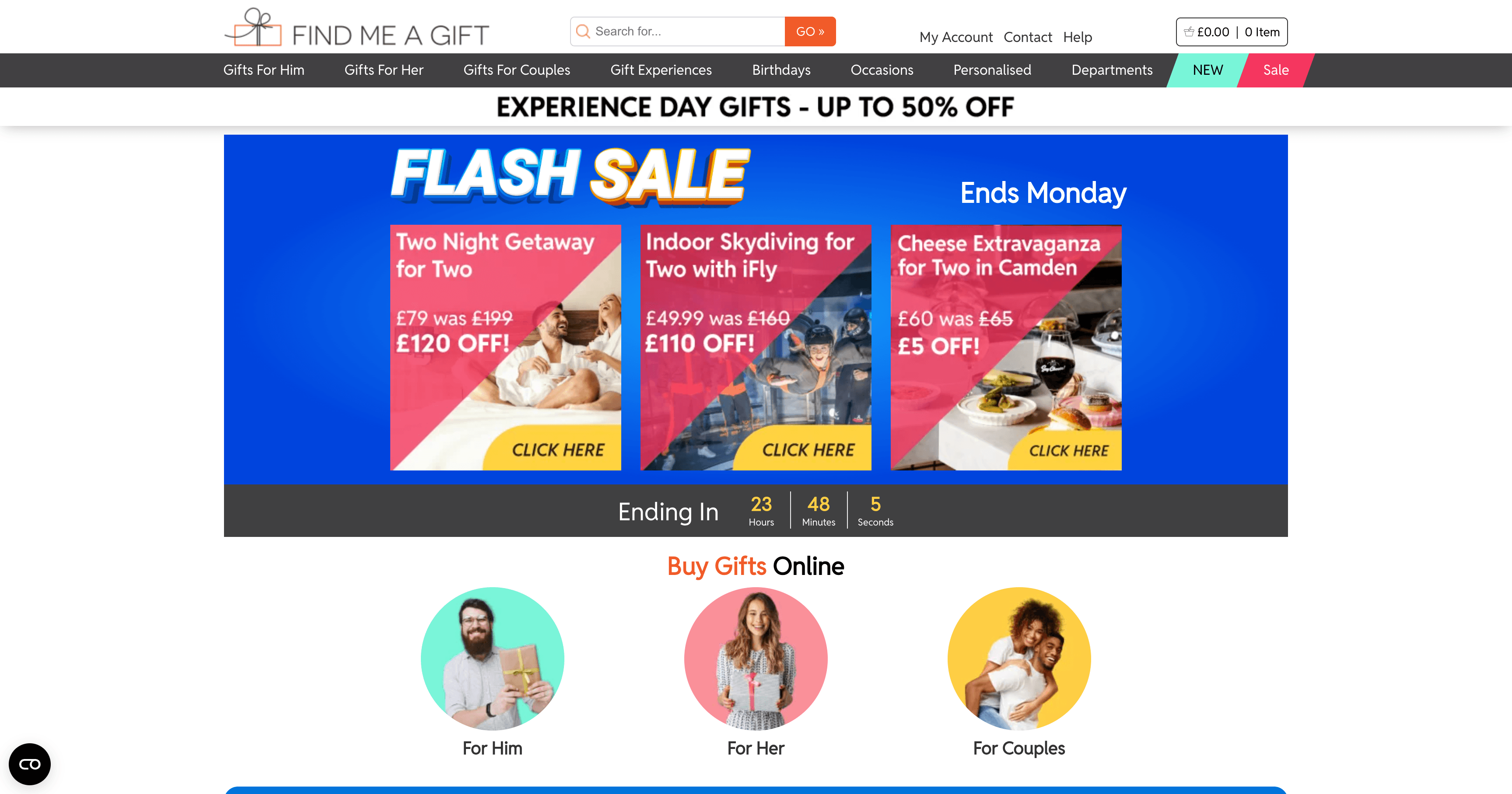 Homepage Find Me a Gift con navigazione regali e banner promozionale