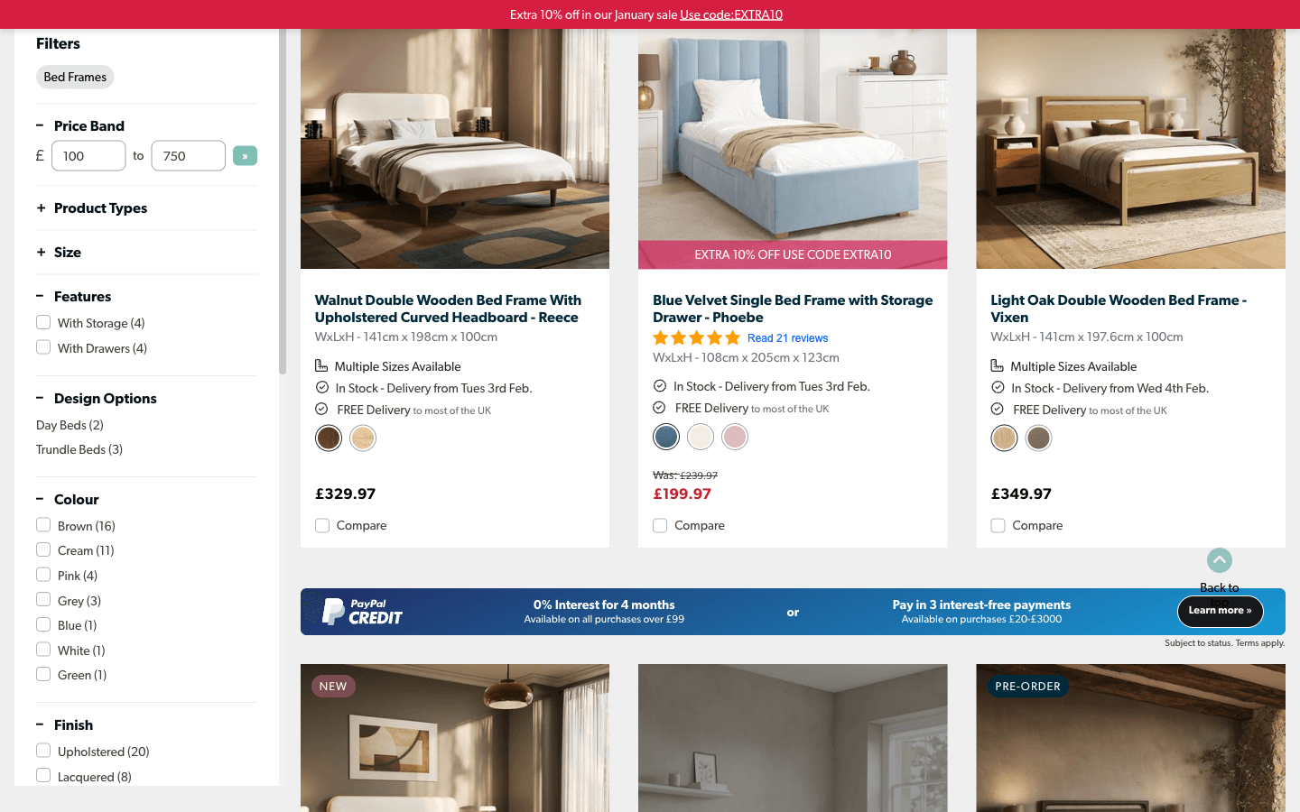 Pagina categoria Furniture123 con filtri e griglia prodotti (bed frame)