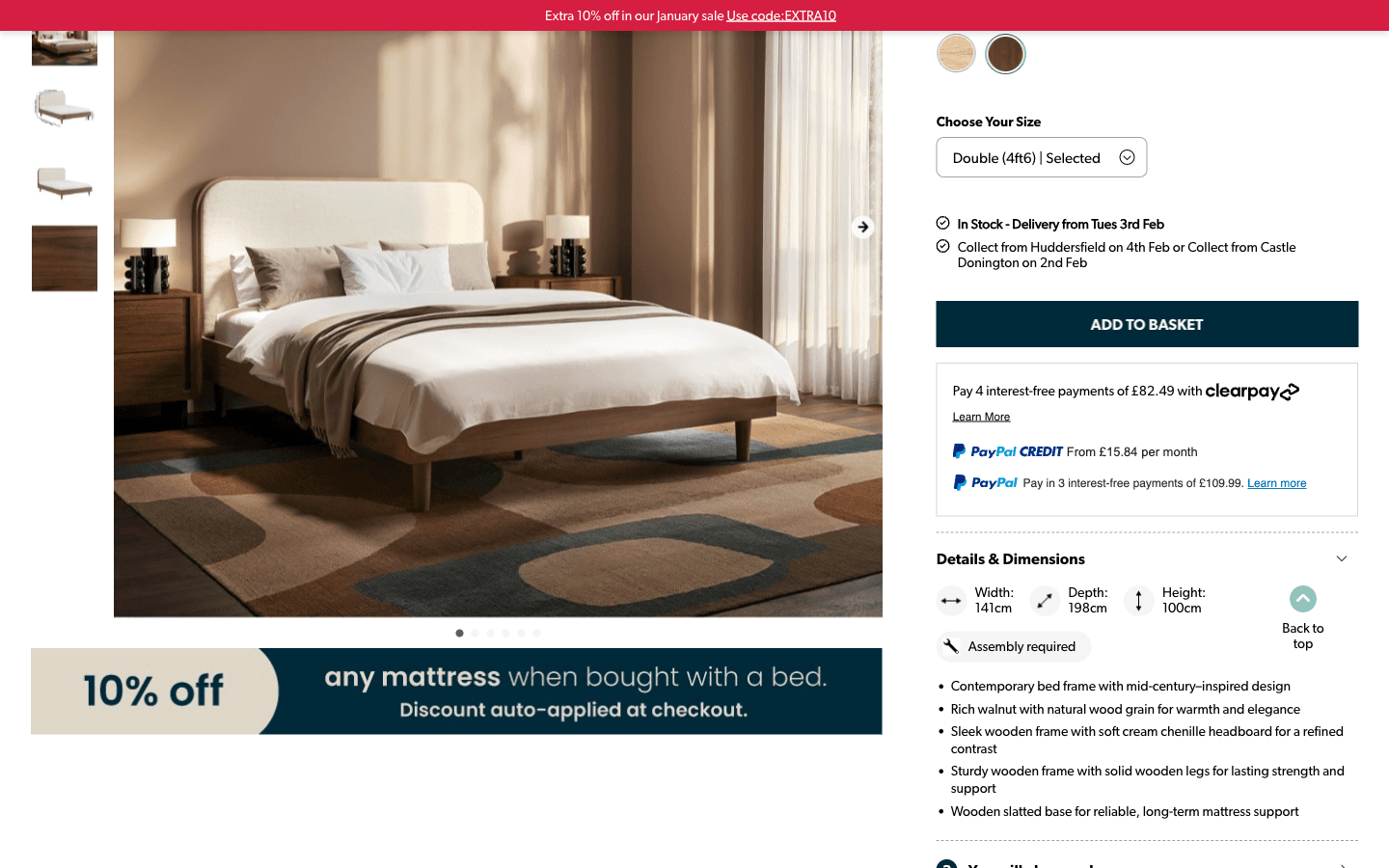 Pagina prodotto Furniture123 con immagini, selezione taglia, consegna e dimensioni