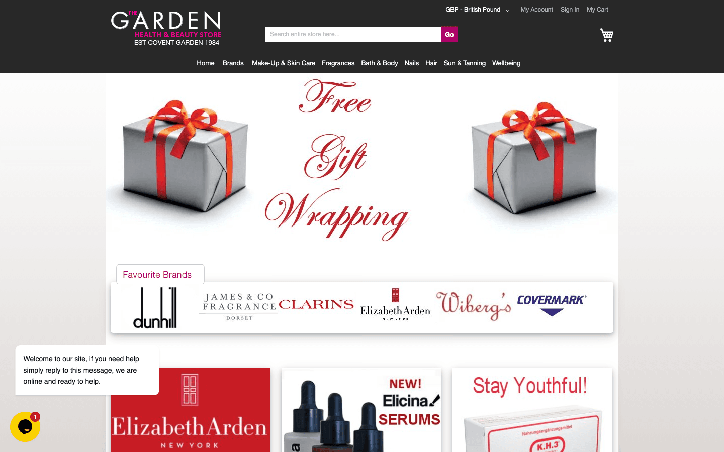 Homepage de Garden Pharmacy con departamentos de salud y belleza