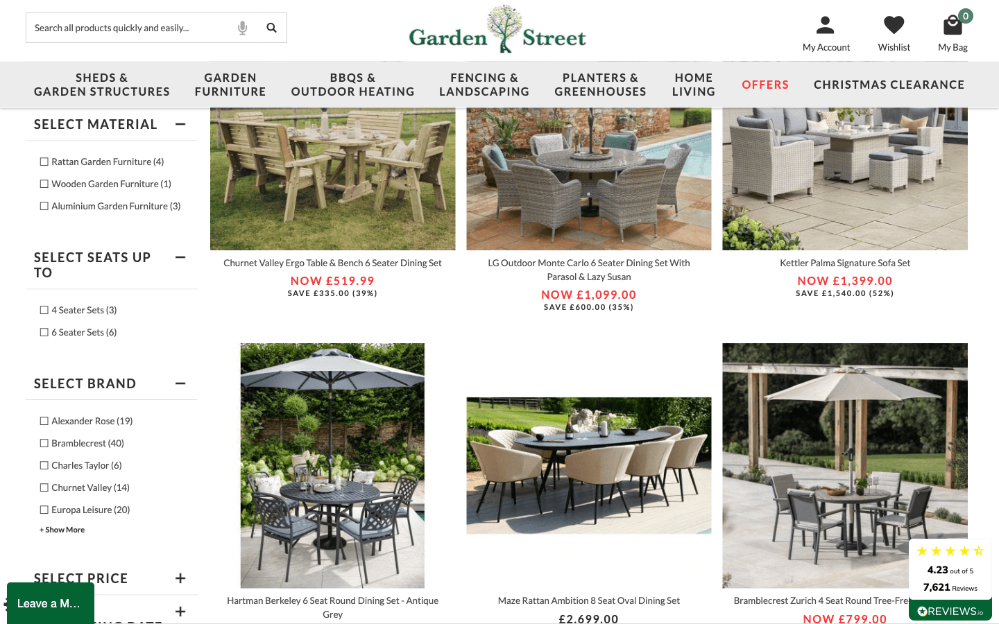 Garden Street category page showing filters and a grid of garden dining sets