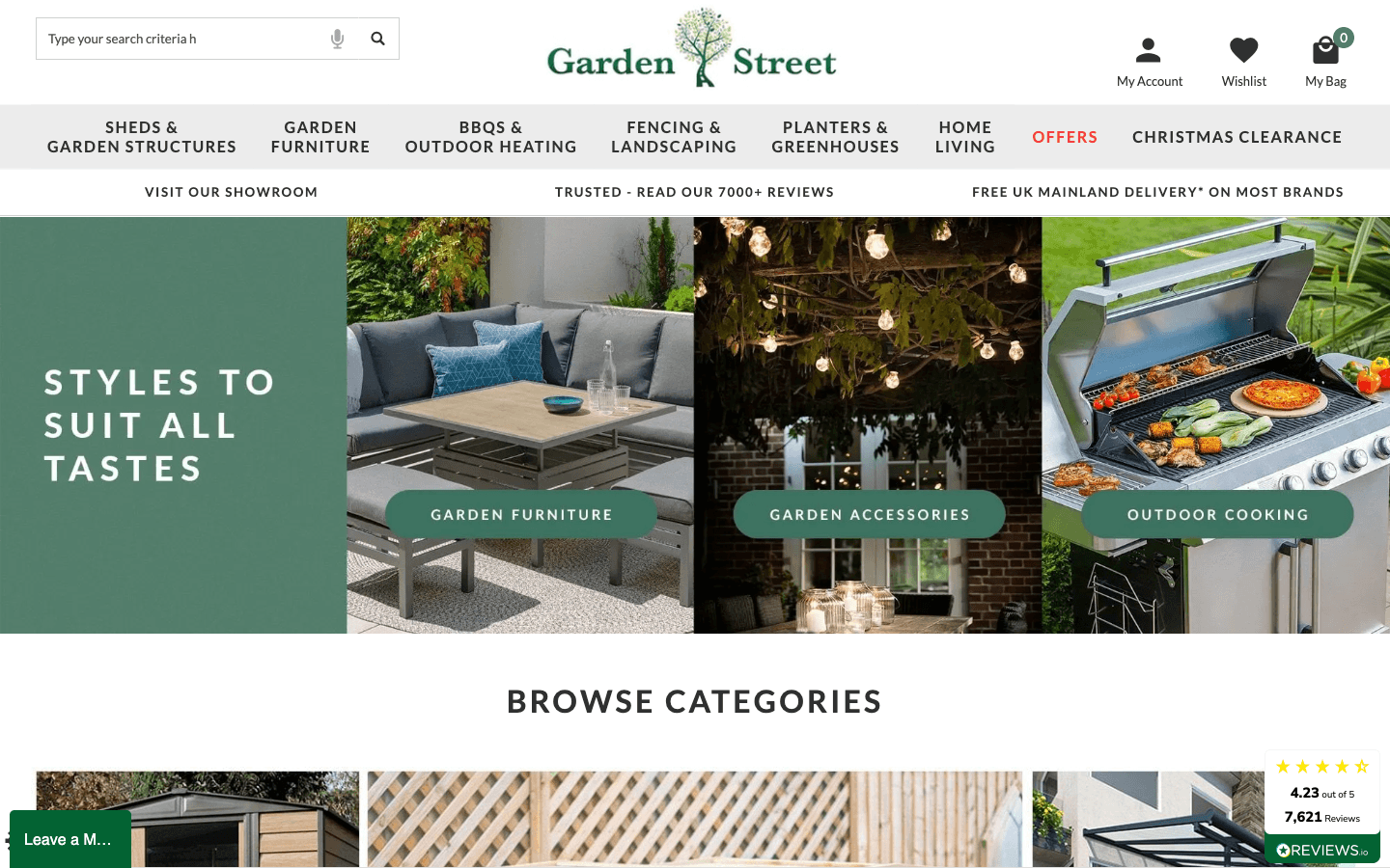 Garden Street homepage showing outdoor category navigation and featured tiles