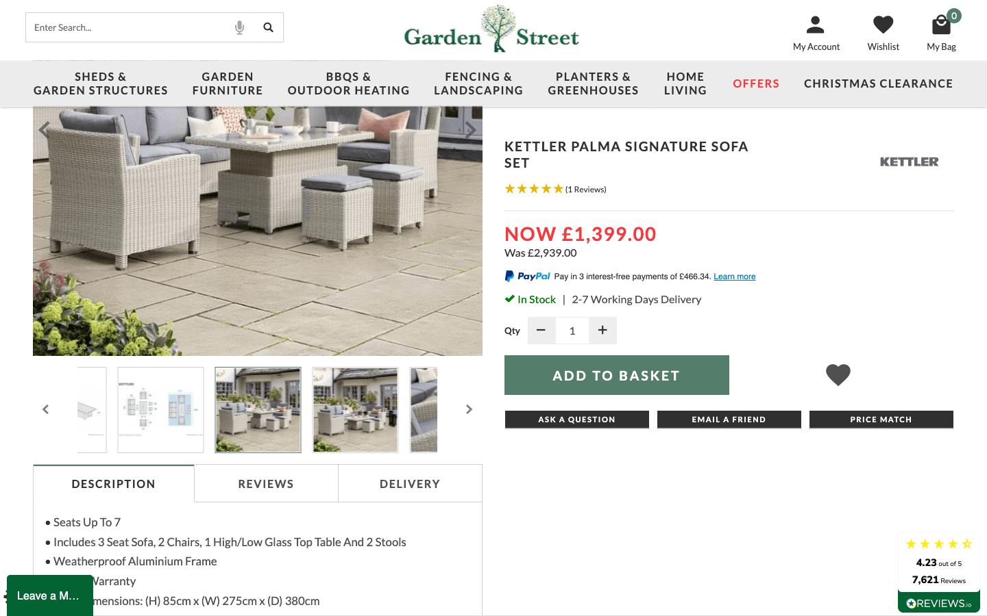 Garden Street product page showing images, price, stock and delivery information
