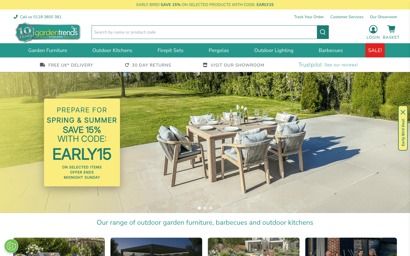 Homepage Garden Trends con navigazione per mobili, pergole, lighting e barbecues