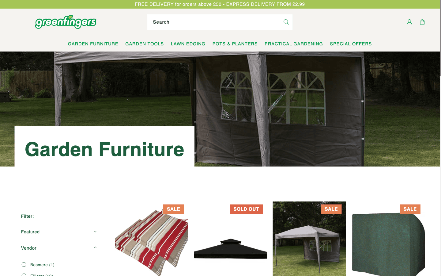 Greenfingers category page showing filters and a grid of garden furniture products