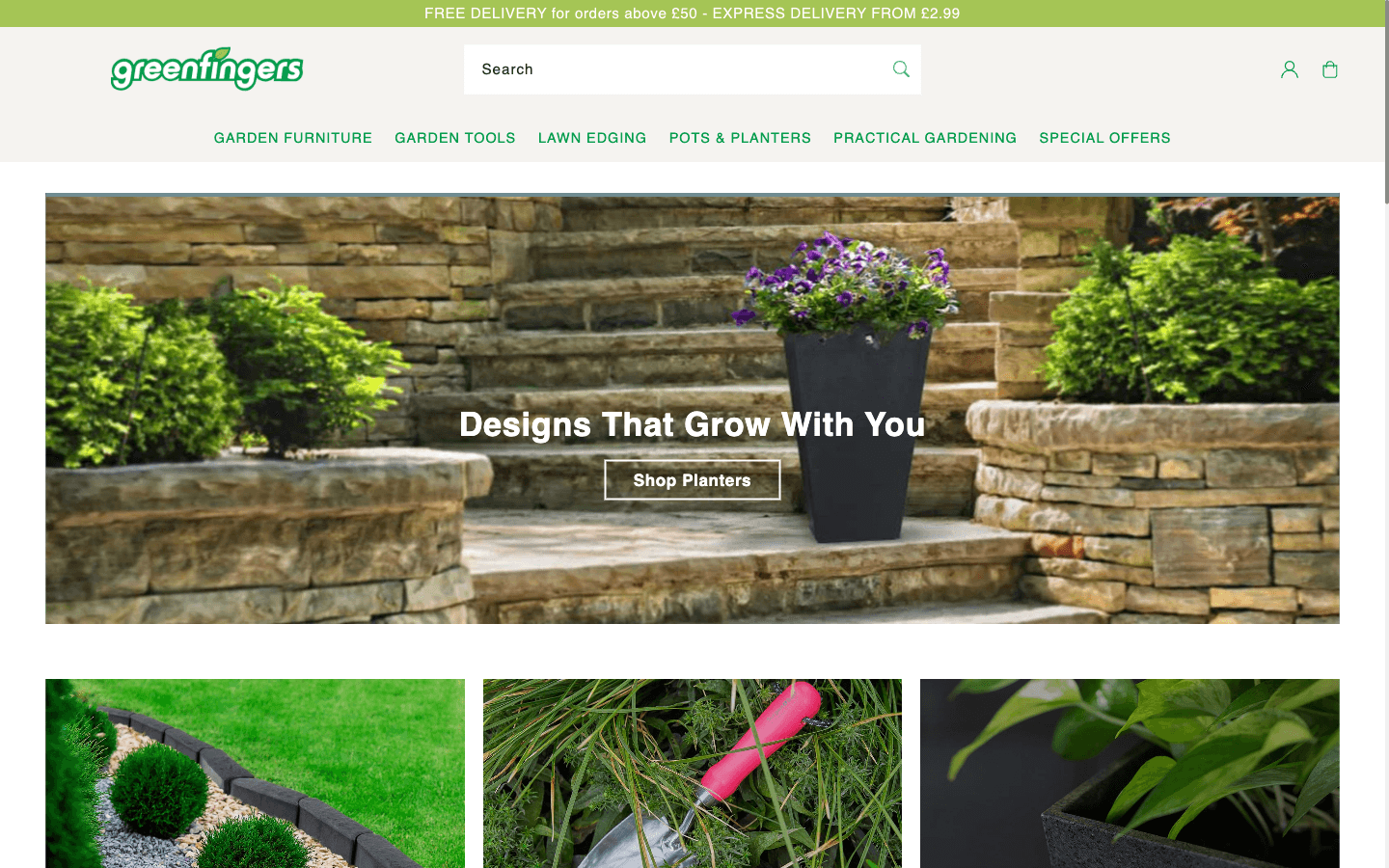 Greenfingers homepage showing category navigation for garden furniture, tools, lawn edging, and planters