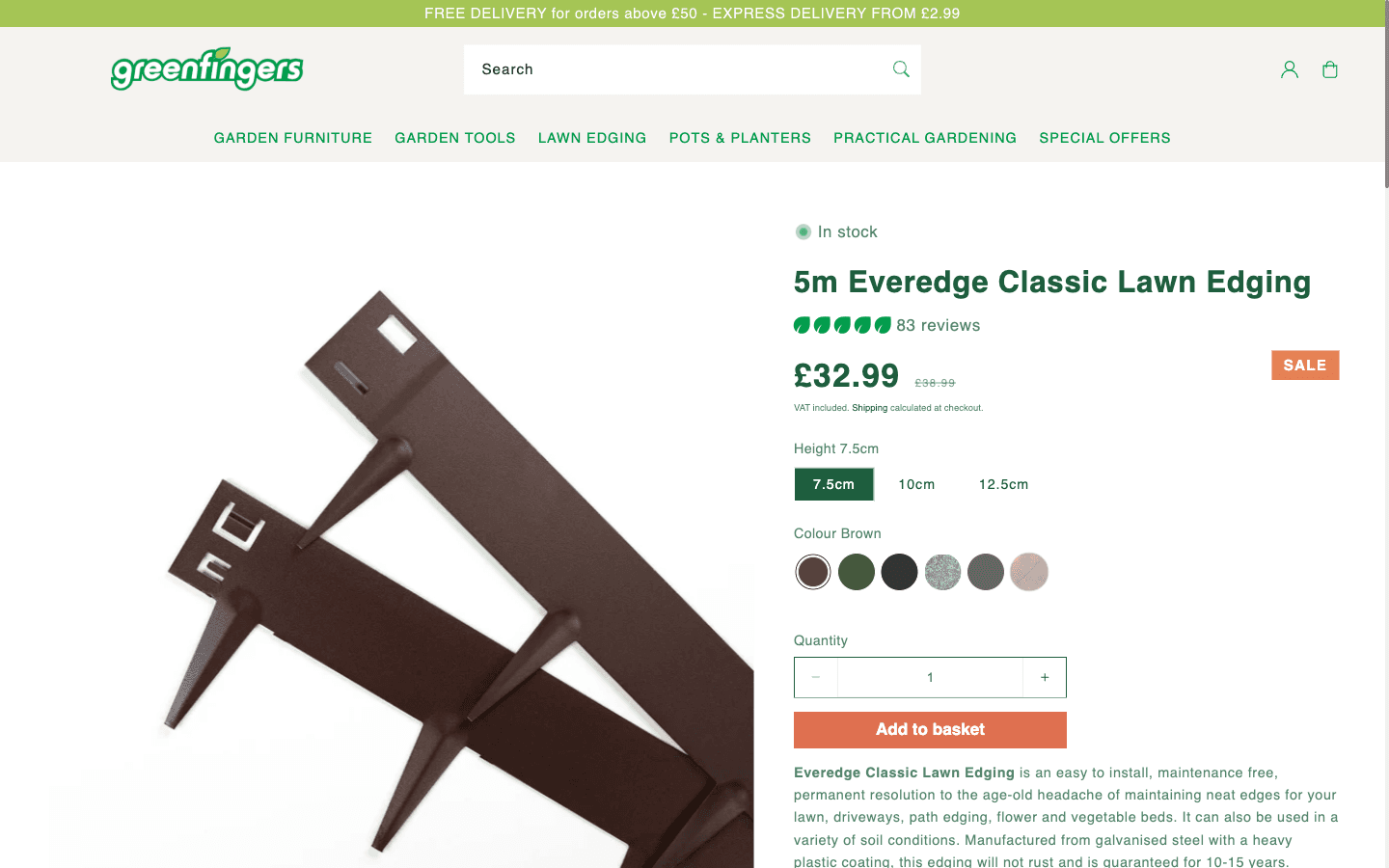 Greenfingers product page showing images, price, reviews, and variant options for lawn edging