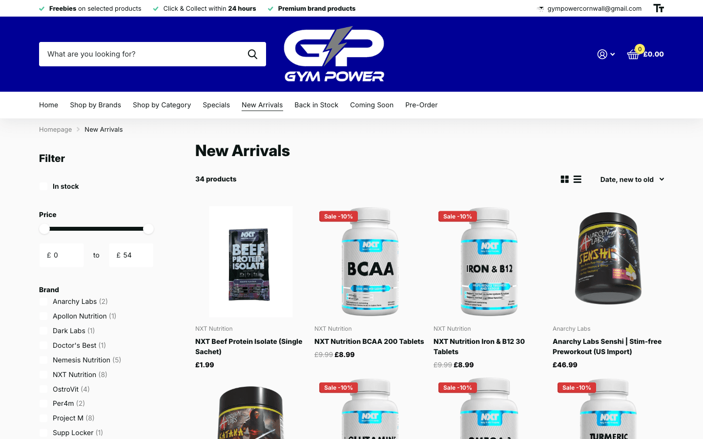 Gym Power kategori sayfası: filtreler ve new arrivals takviye ürün grid’i