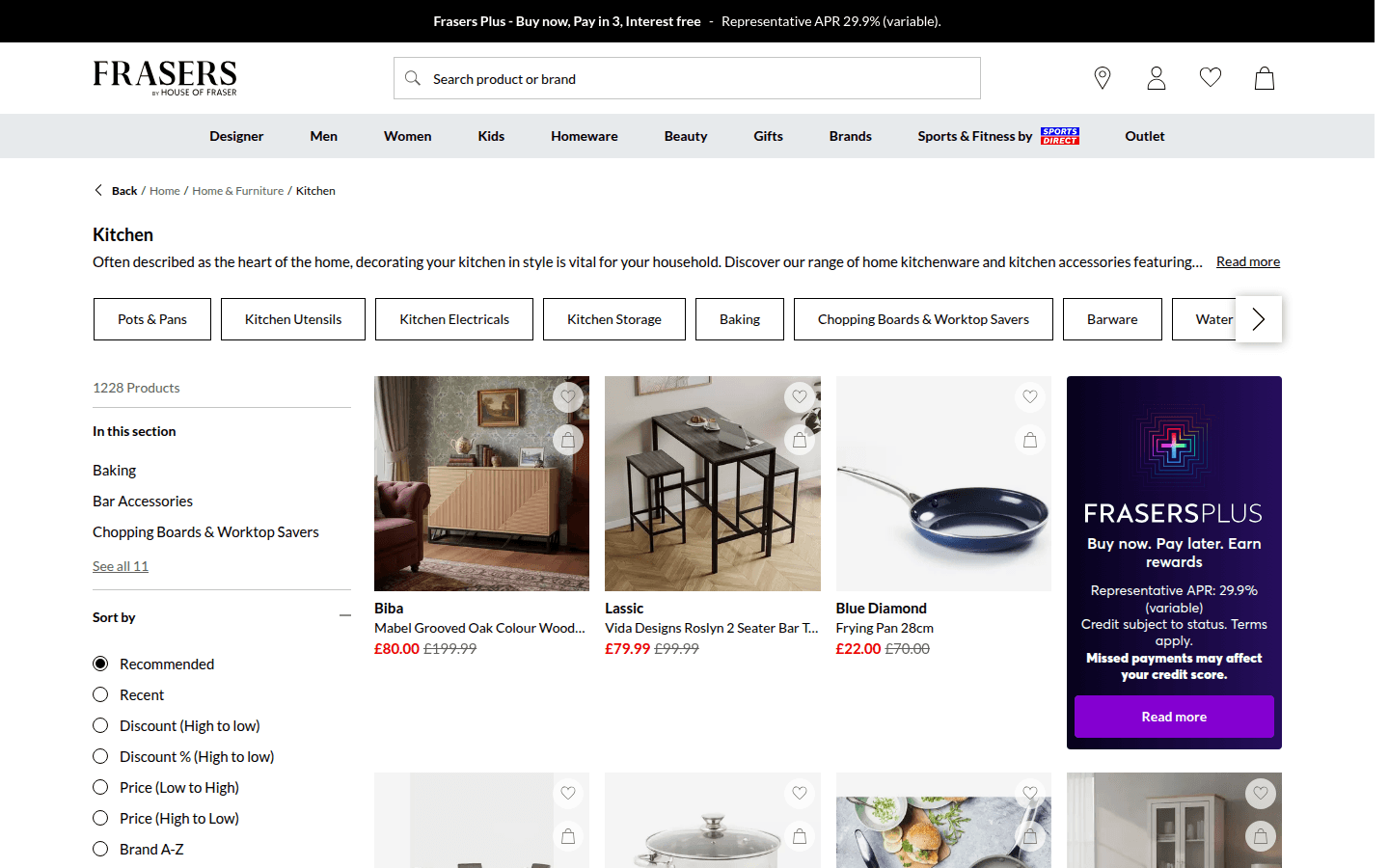 House of Fraser Küchen-Kategorie mit Produkt-Grid und Filtern