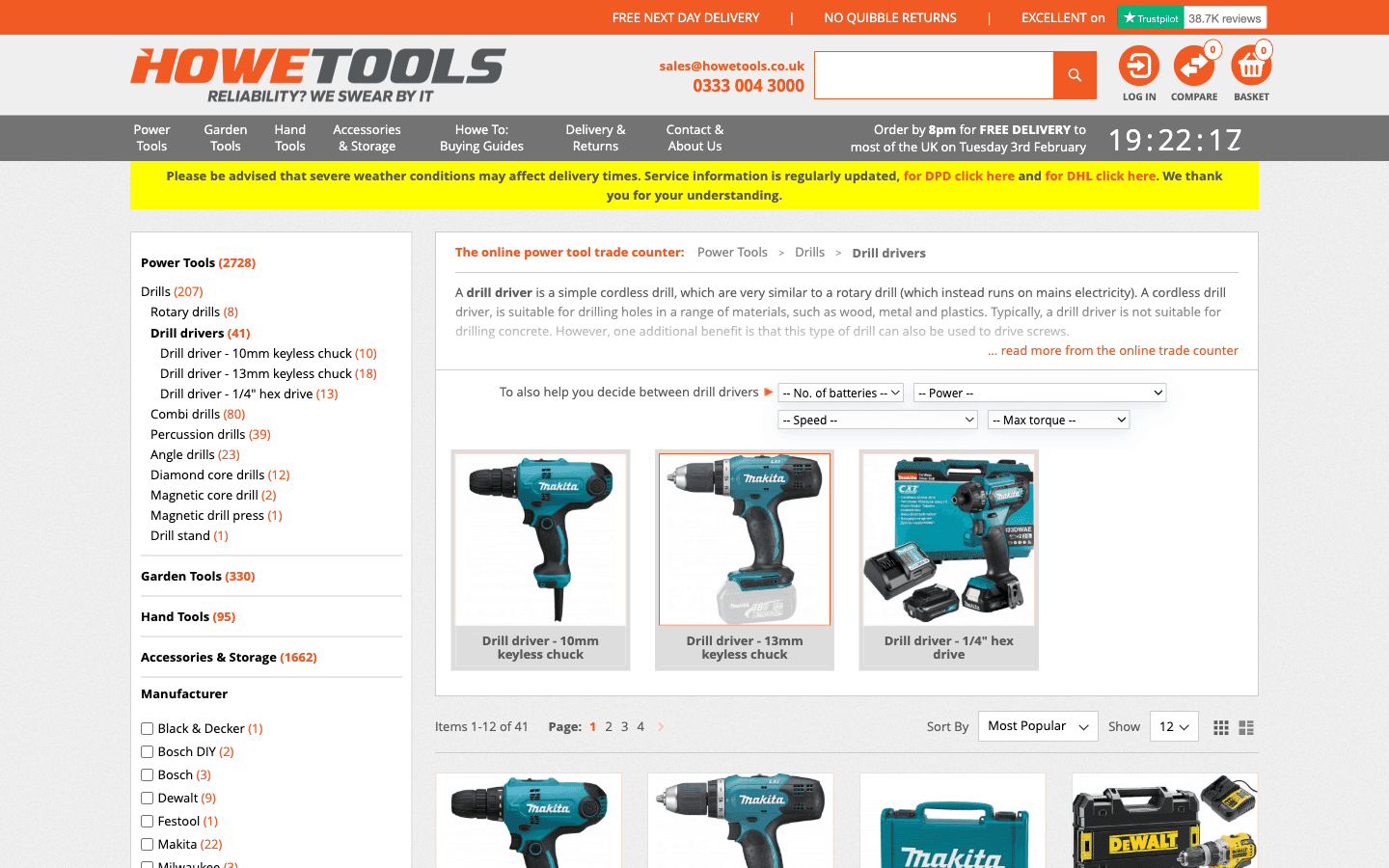 Howe Tools category page showing drill driver filters and a grid of products