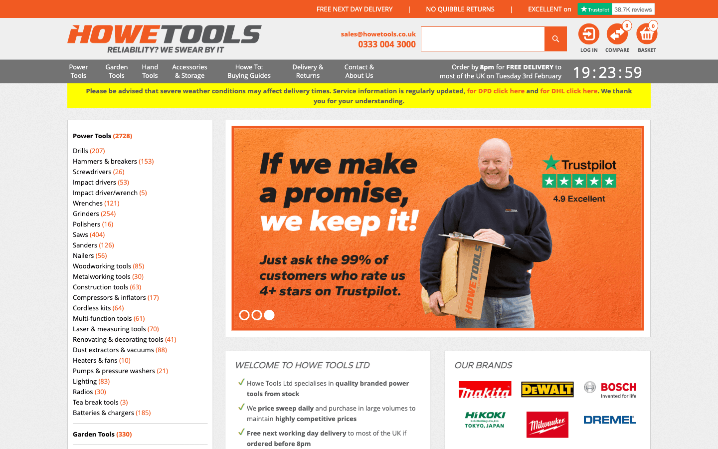 Howe Tools homepage showing category navigation for power tools, garden tools, and accessories
