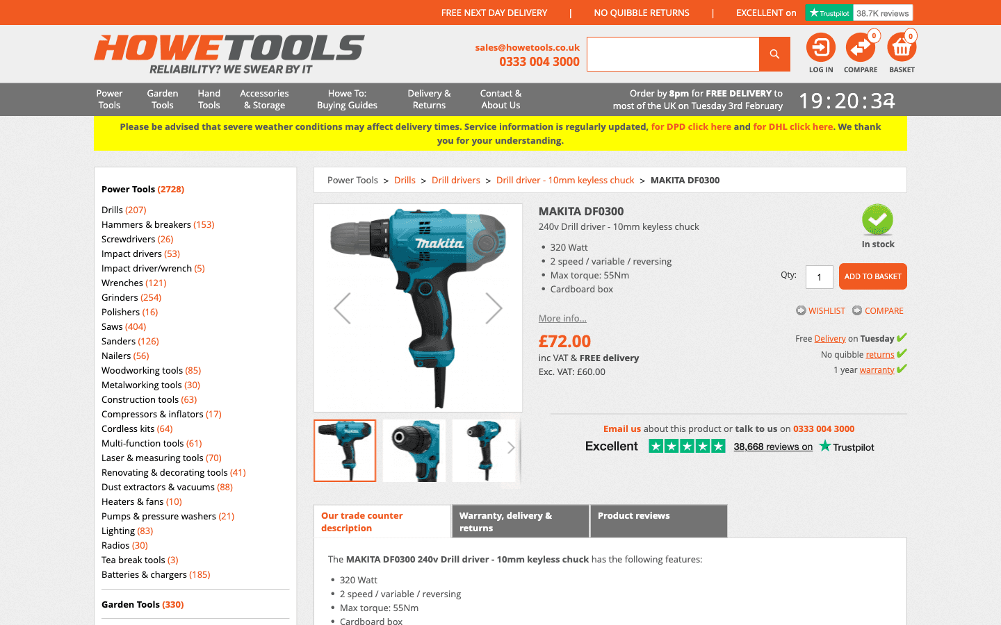 Howe Tools product page showing images, price, key specs, and stock status for a Makita drill driver