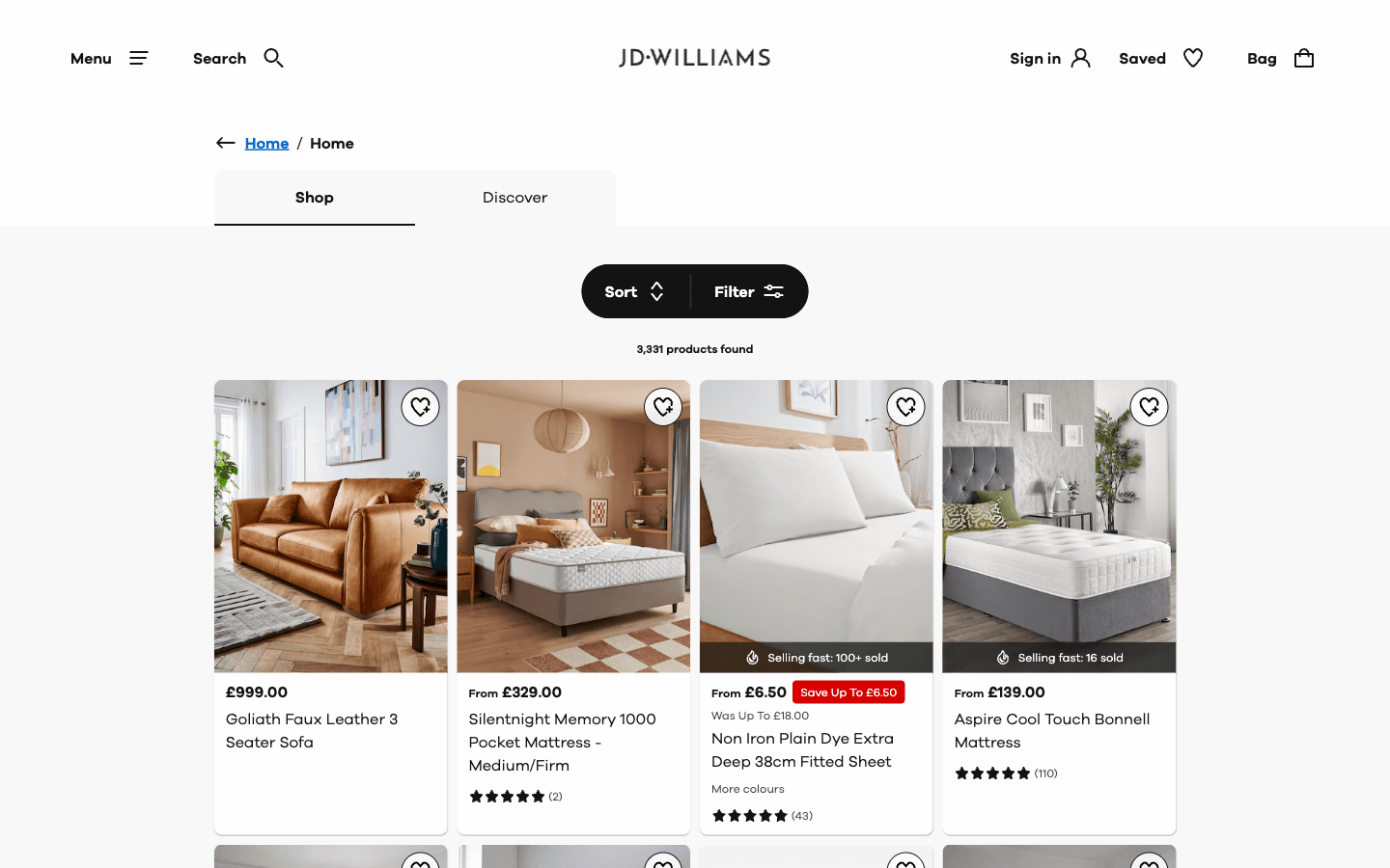 Categoría Home en JD Williams con controles de Sort/Filter y un grid de productos