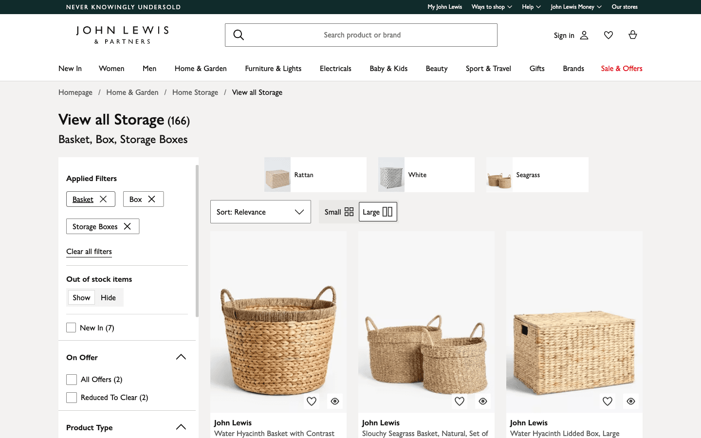Categoría de storage en John Lewis con filtros y un grid de productos (cestas y cajas)