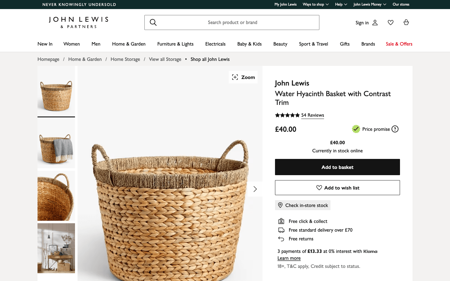 Página de producto en John Lewis con fotos, precio, stock y detalles de entrega