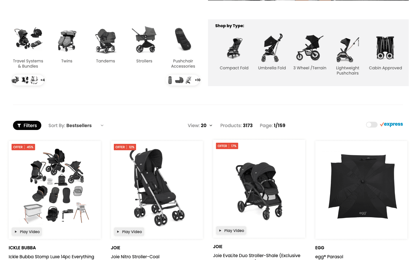 Catégorie poussettes Kiddies Kingdom avec grille de strollers et bundles