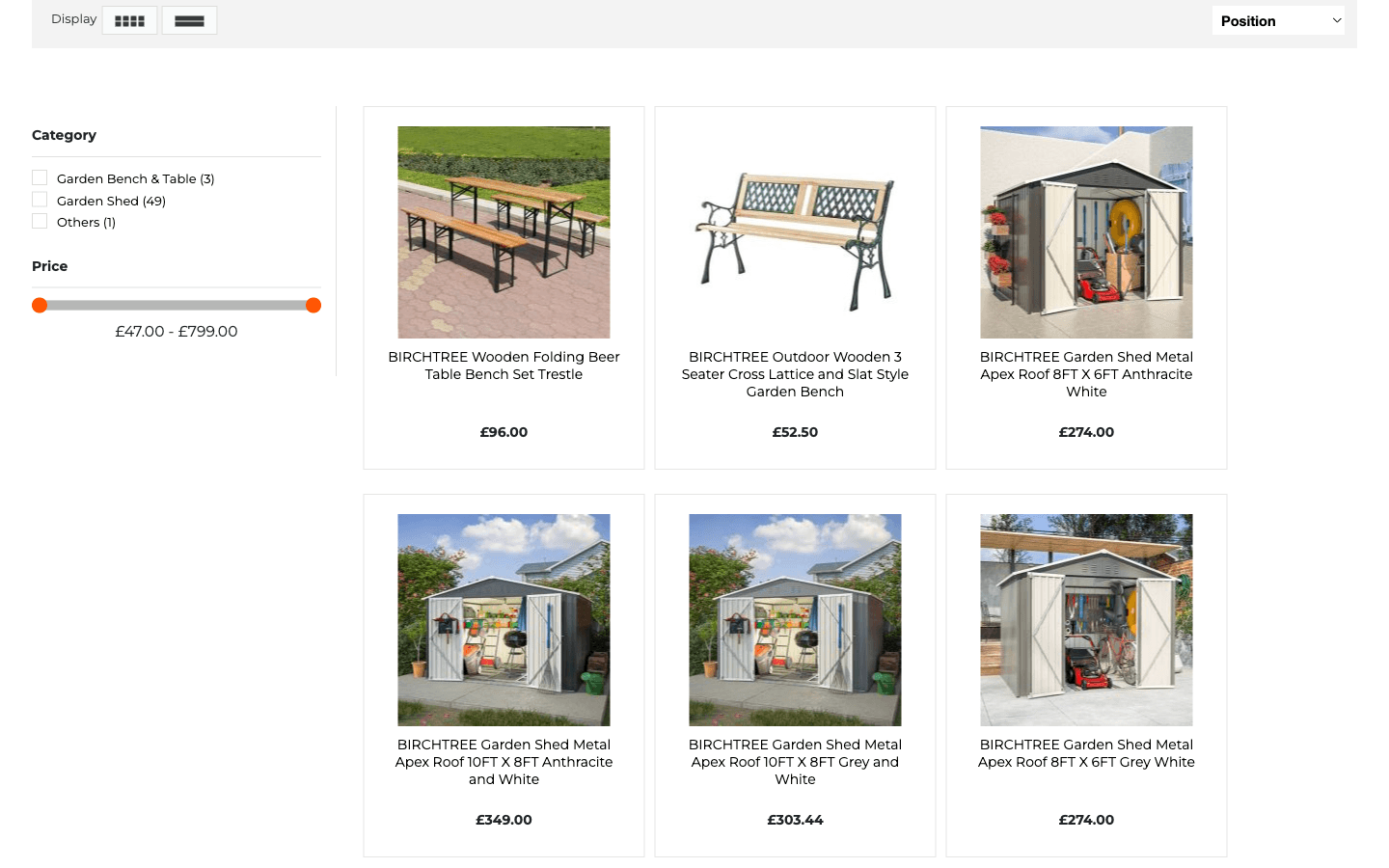 Categoría de garden furniture en KMS Direct con filtros y grid de productos