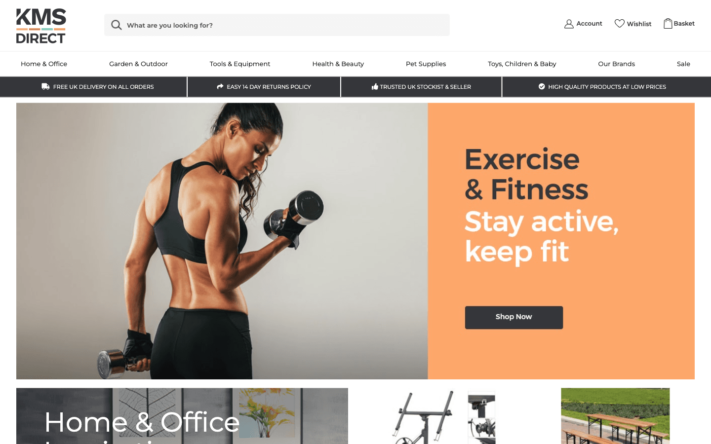 Home de KMS Direct con navegación por departamentos (Home & Office, Garden & Outdoor, Tools & Equipment)