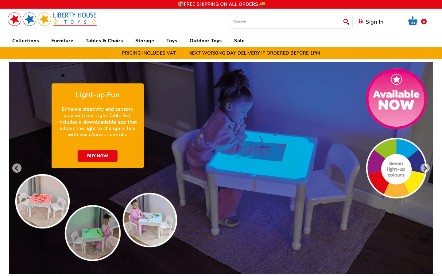 Liberty House Toys Startseite mit Navigation für Toys, Furniture, Tables & Chairs, Storage und Outdoor Toys