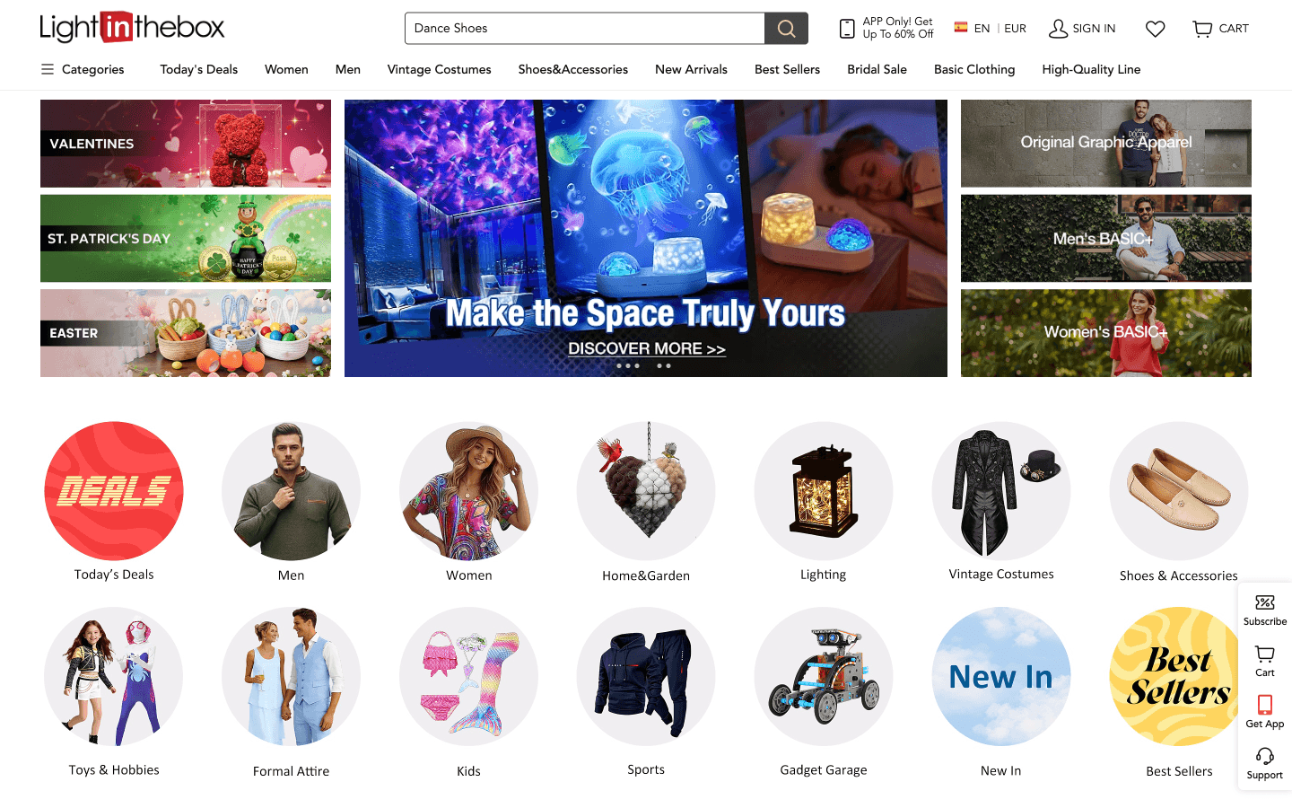 LightInTheBox Startseite mit Kategorien und Featured Collections