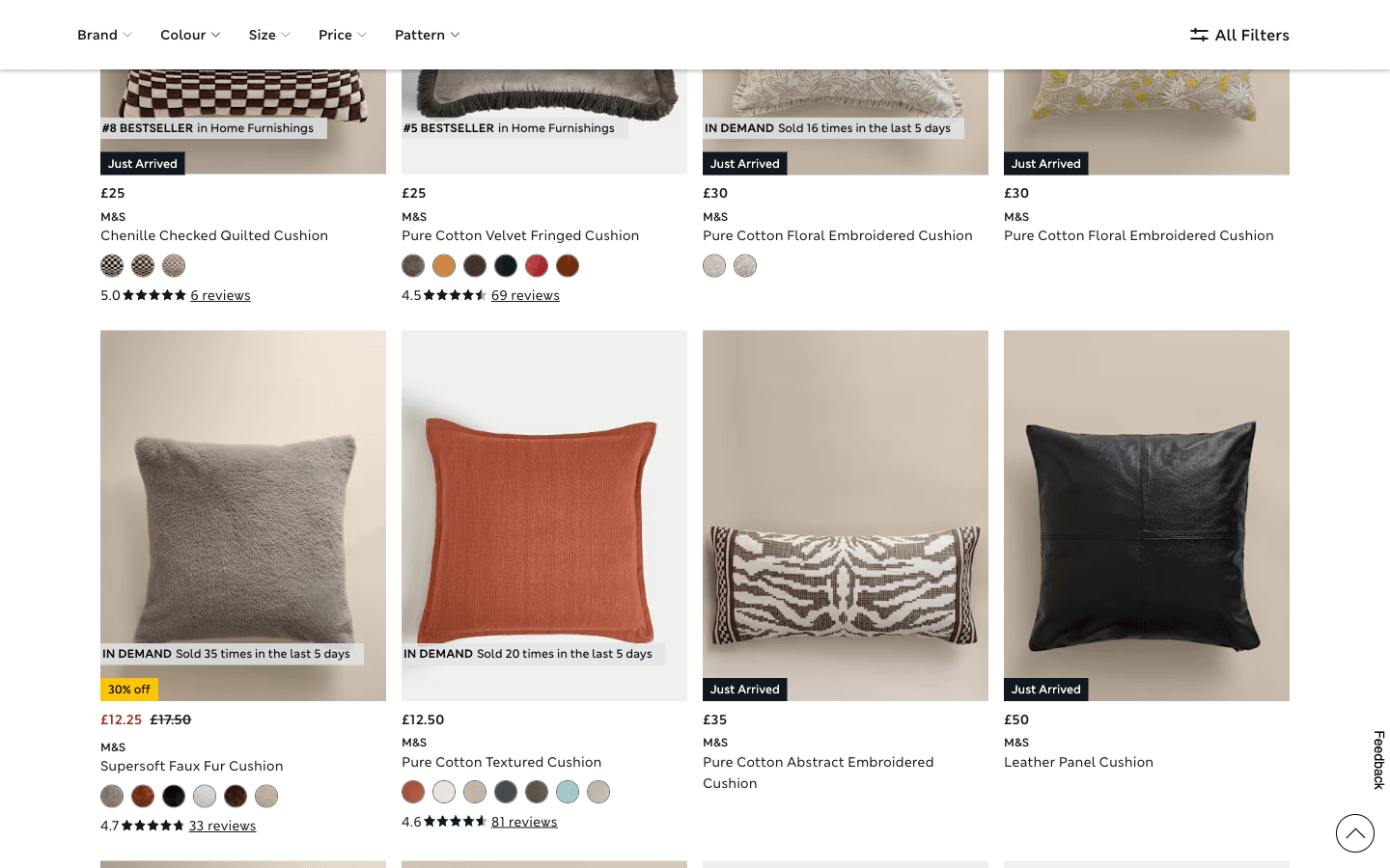Marks & Spencer Produktgrid mit Filtern (Suchergebnisse für Kissen)