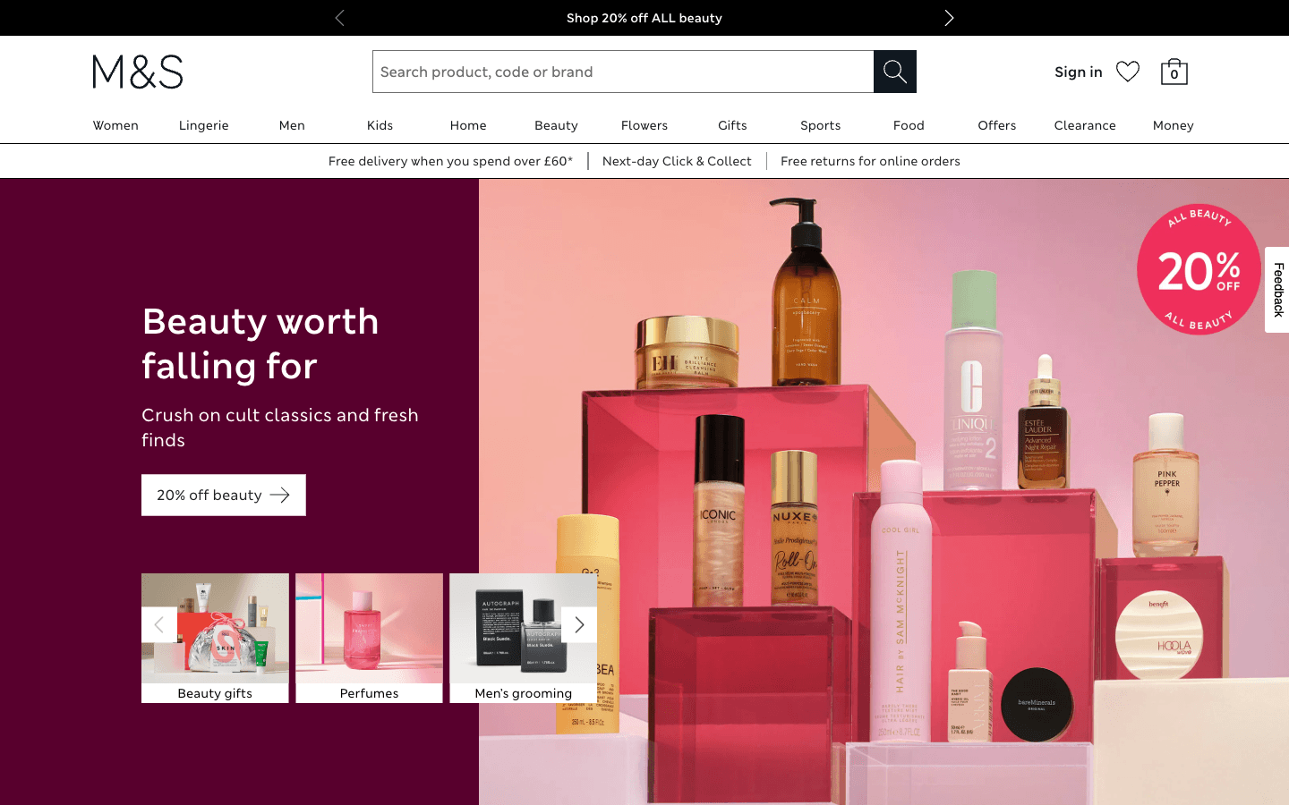 Marks & Spencer Startseite mit Bereichen wie Women, Home, Beauty und Food