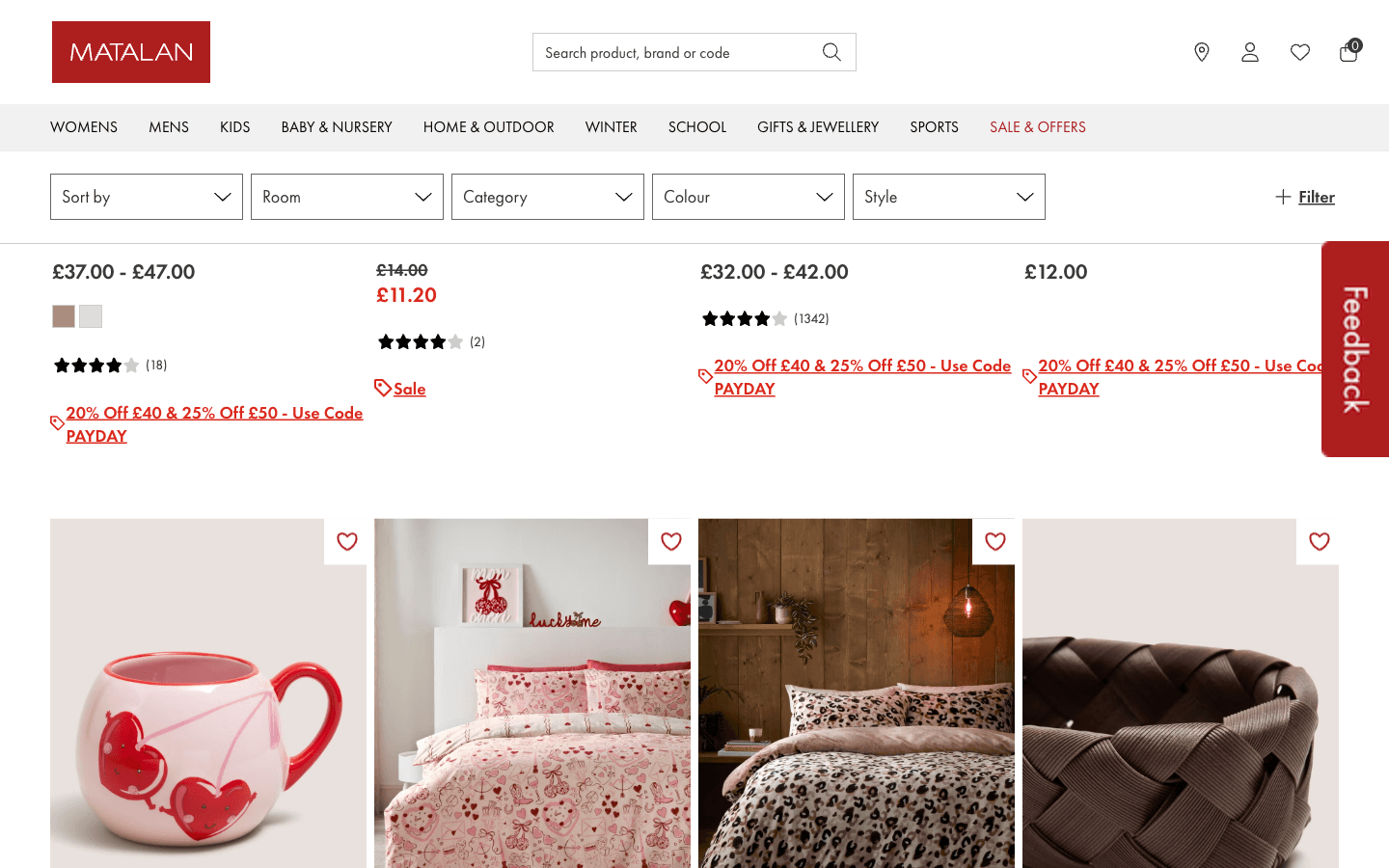 Listing homeware Matalan avec filtres (room, category, colour, style) et grille produits