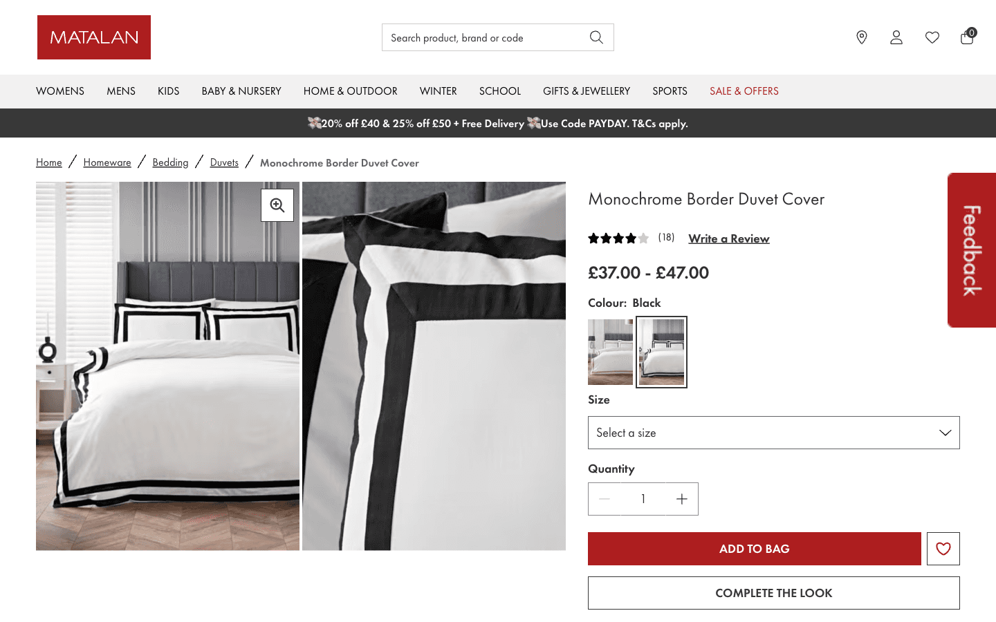 Fiche produit Matalan pour une housse de couette avec photos, prix, couleur et tailles