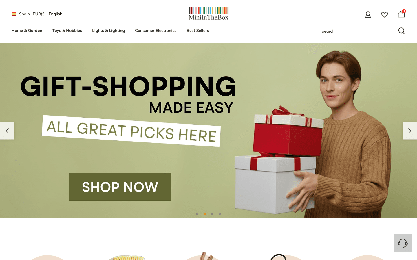 Homepage de MiniInTheBox con navegación de gadgets y categorías