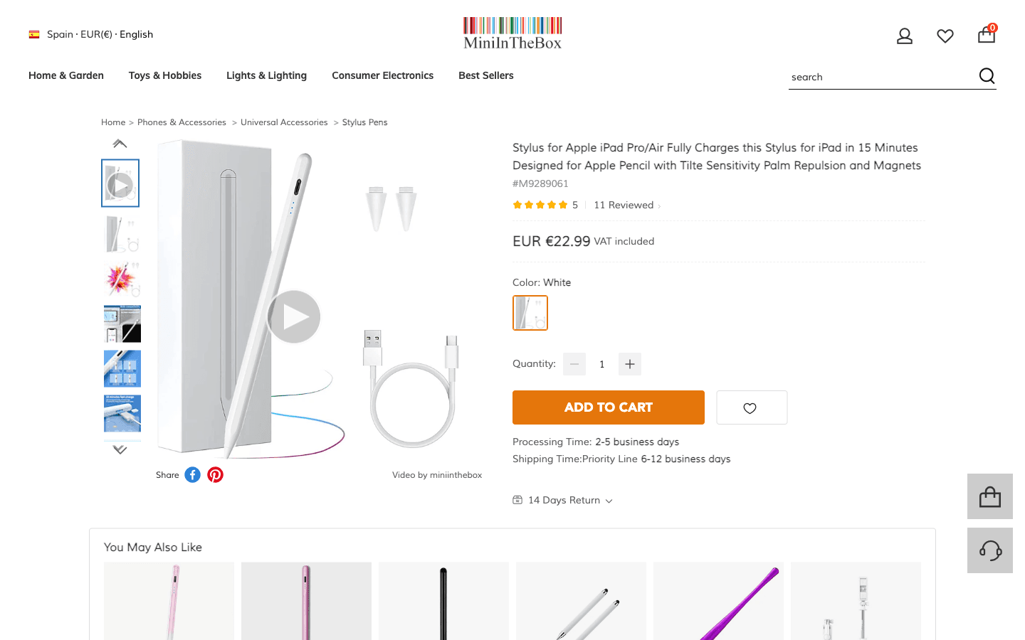 Ficha de producto de MiniInTheBox con precio, variantes e info de entrega