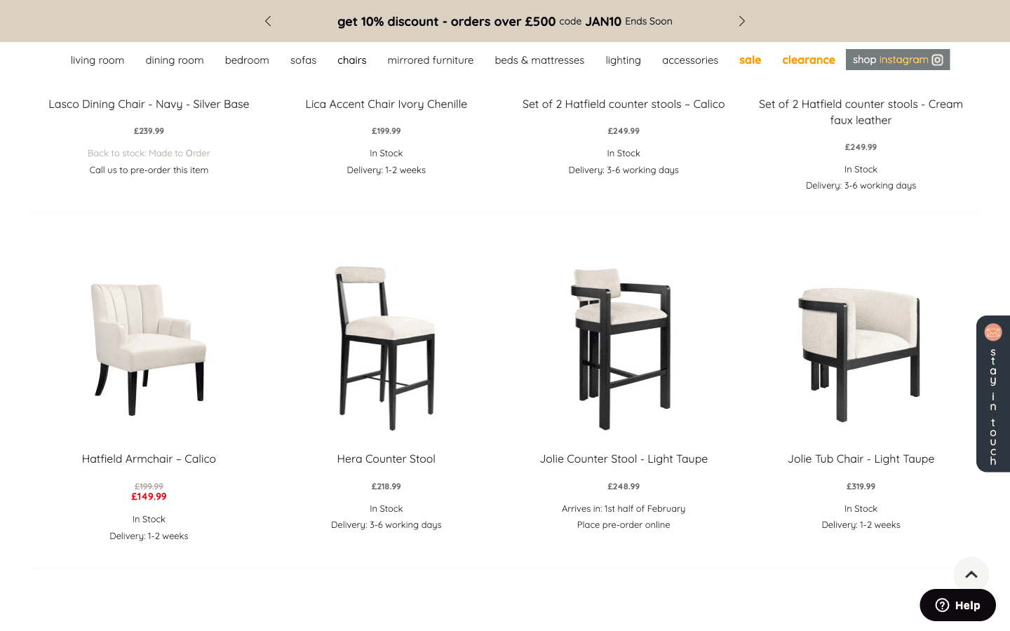 My Furniture chairs category showing a product grid with prices, stock and delivery information