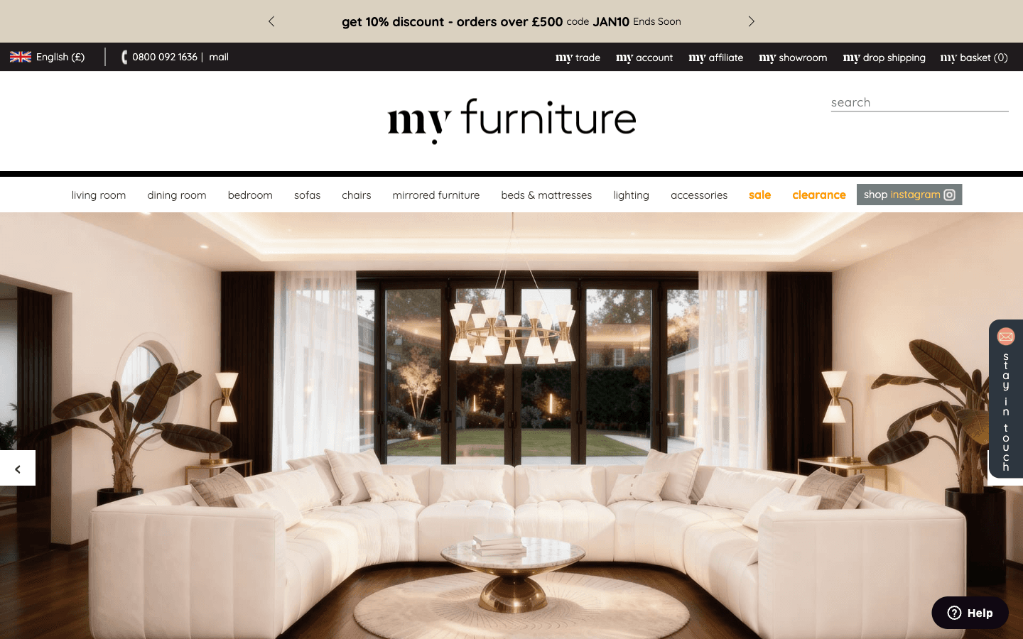 My Furniture homepage showing navigation for living room, dining room, bedroom, mirrored furniture and lighting