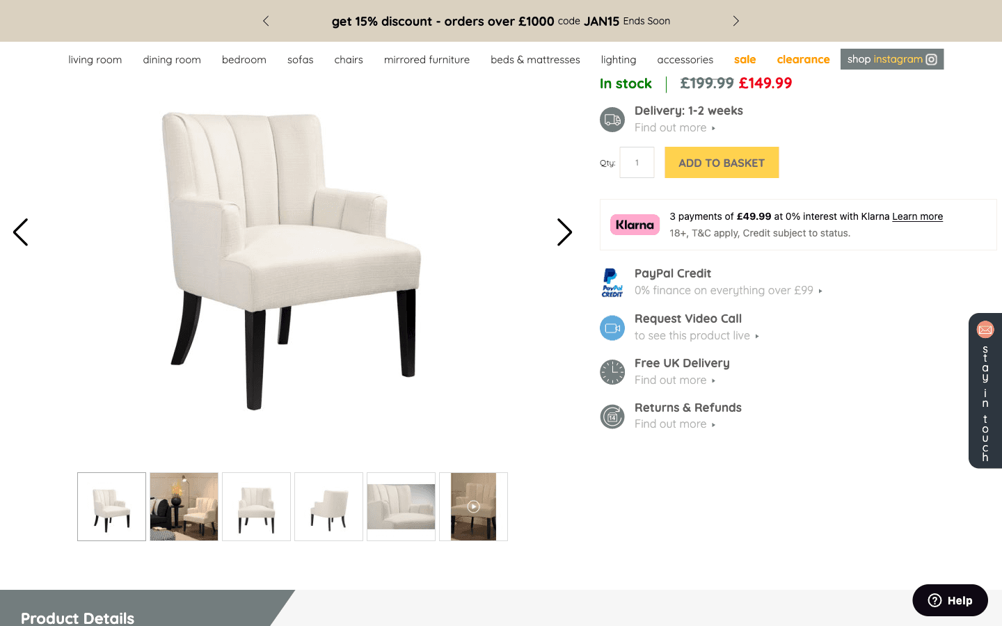My Furniture product page showing an armchair with images, price, delivery estimate and add to basket