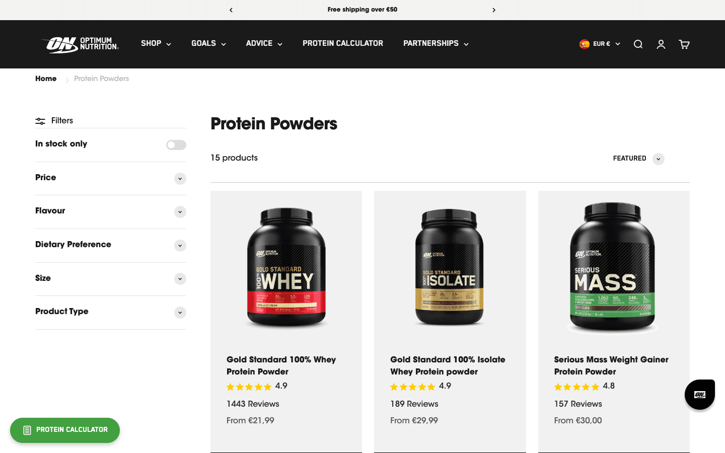 Pagina categoria proteine Optimum Nutrition con griglia prodotti e filtri