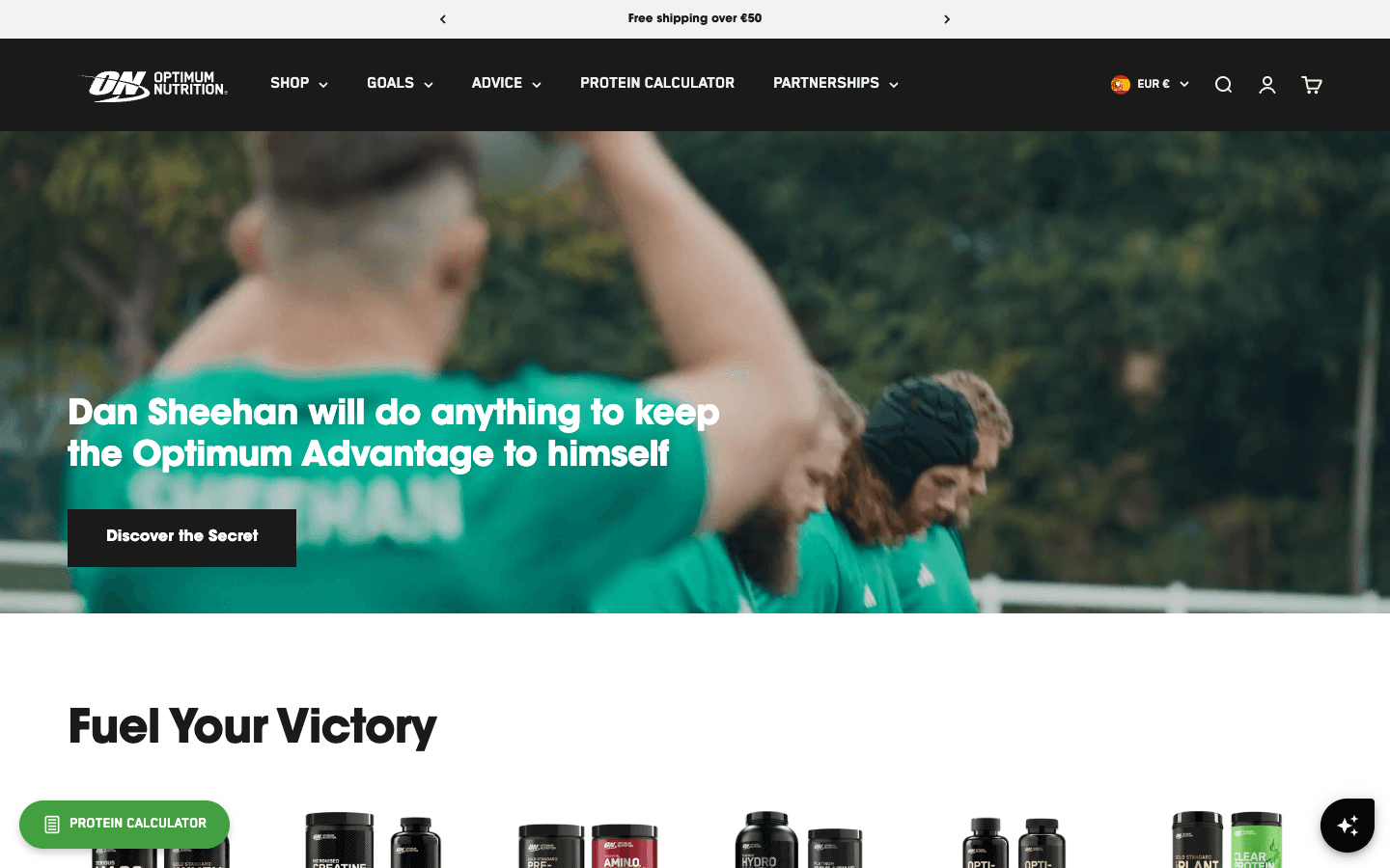 Homepage di Optimum Nutrition con navigazione Shop e Goals