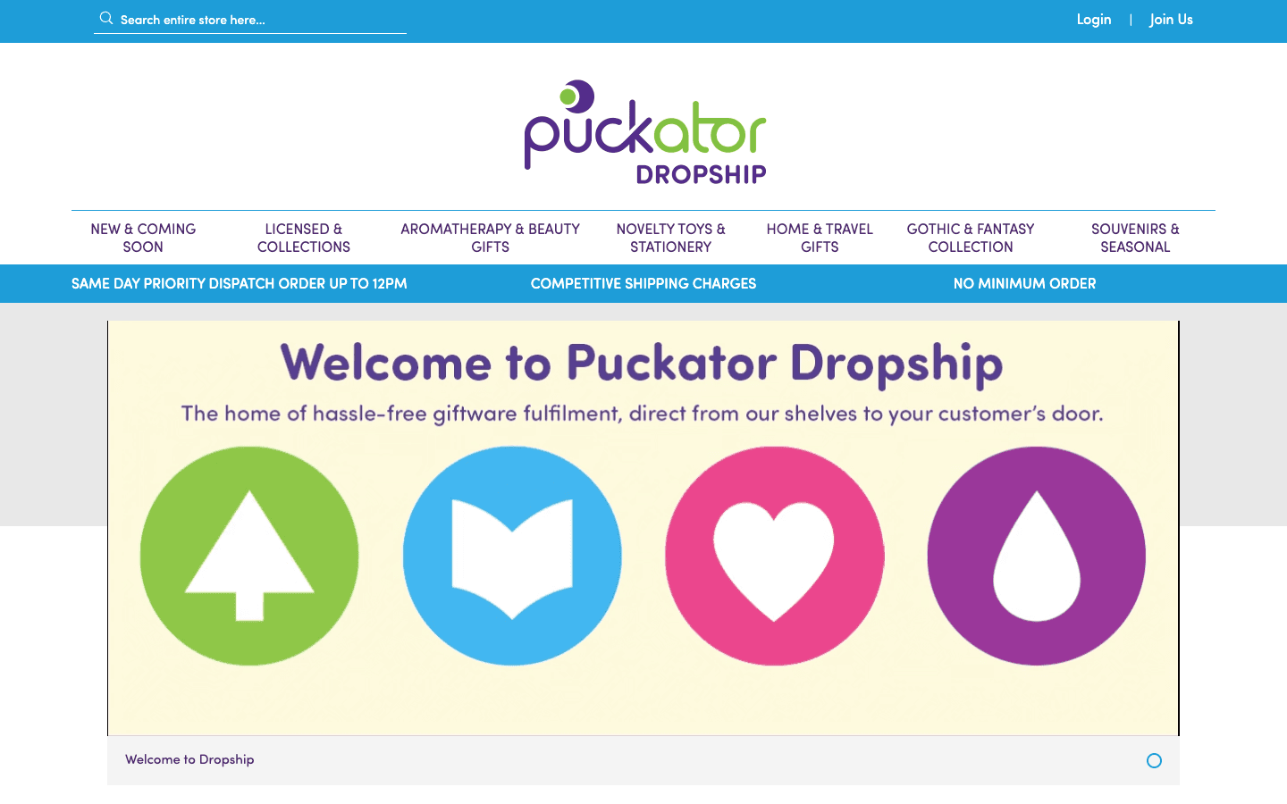 Puckator Dropship Gifts Startseite mit Navigation und Featured Collections