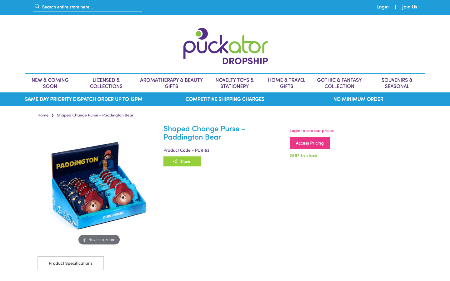 Puckator Produktseite mit Bildern und Details eines Gift-Items