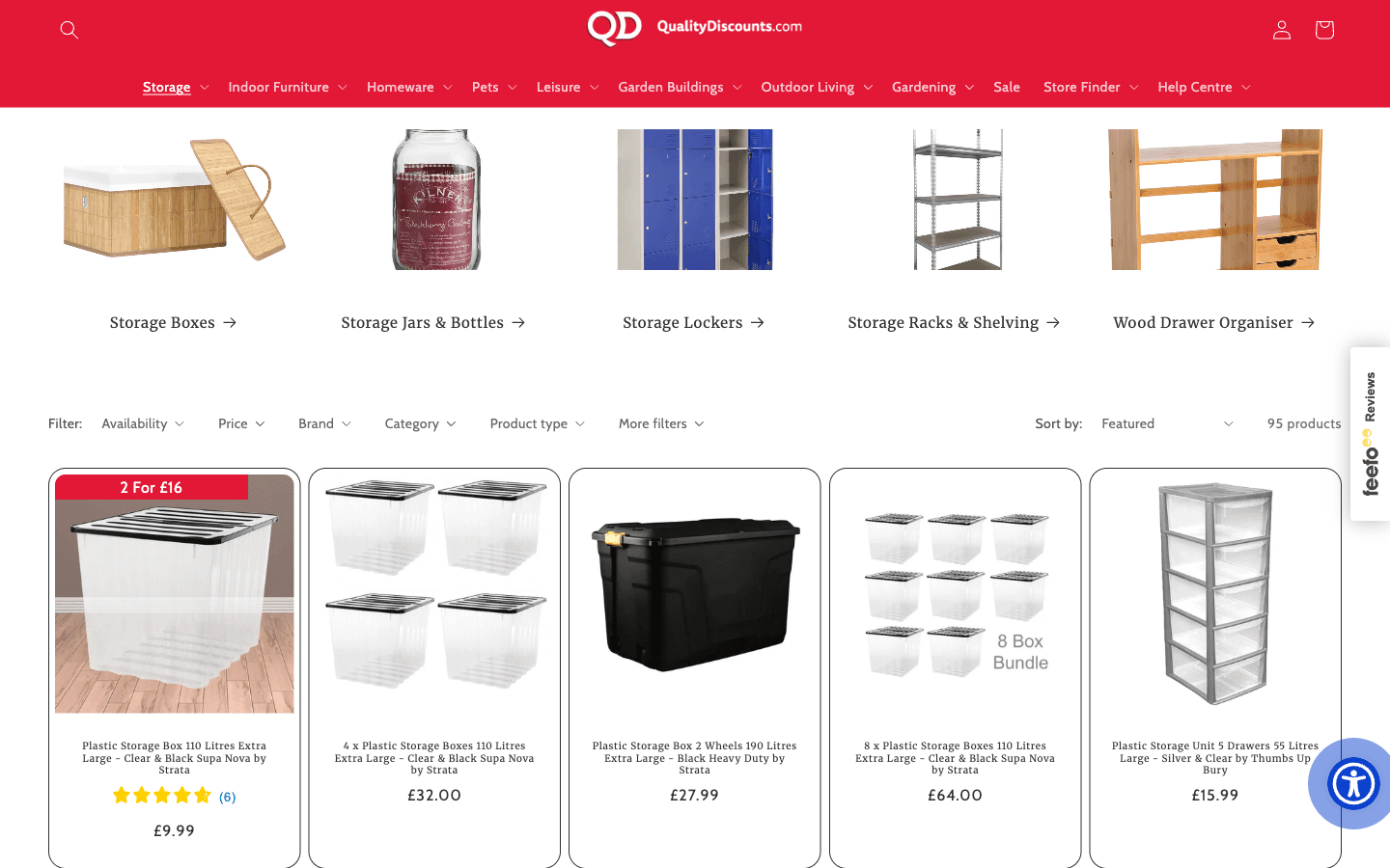 QD Stores storage collection page showing filters and a product grid of storage boxes