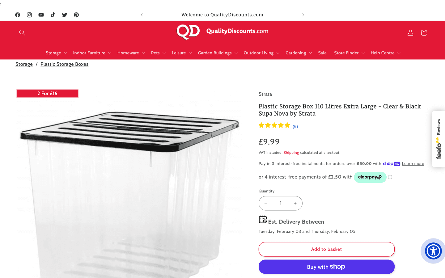 QD Stores product page showing photos, price, delivery estimate and add to basket