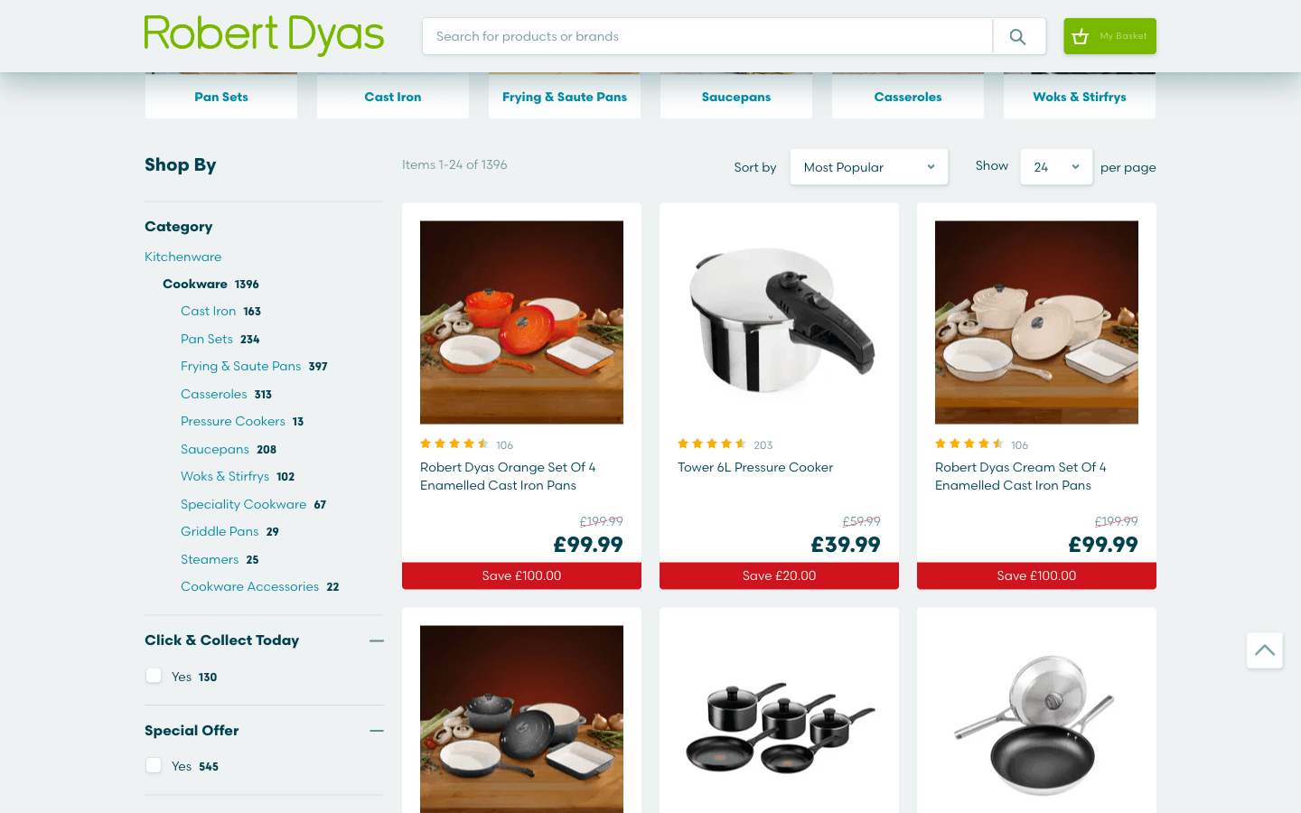 Página de categoría de Robert Dyas con grid de productos y filtros