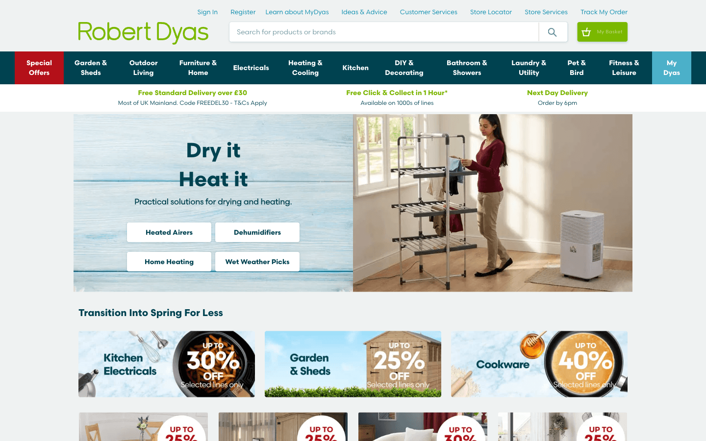 Homepage de Robert Dyas con secciones de hogar, cocina y jardín