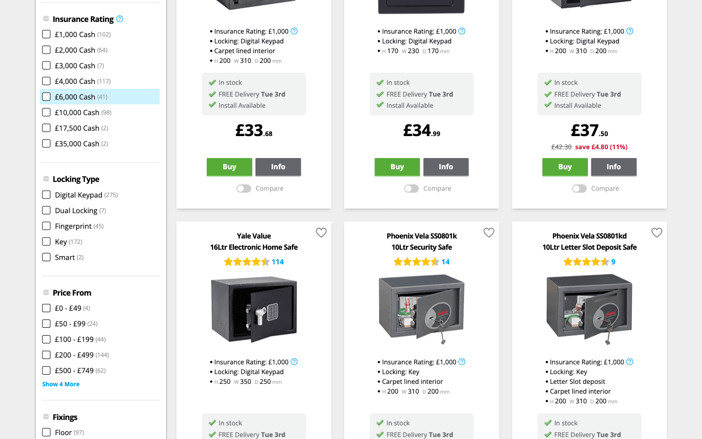 Safe.co.uk Kategorieseite mit Produktgrid und Filtern