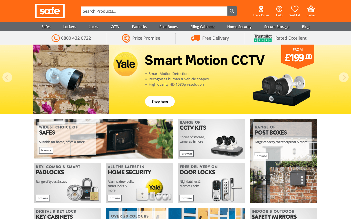 Safe.co.uk Startseite mit Kategorien wie Tresore, Schlösser und CCTV