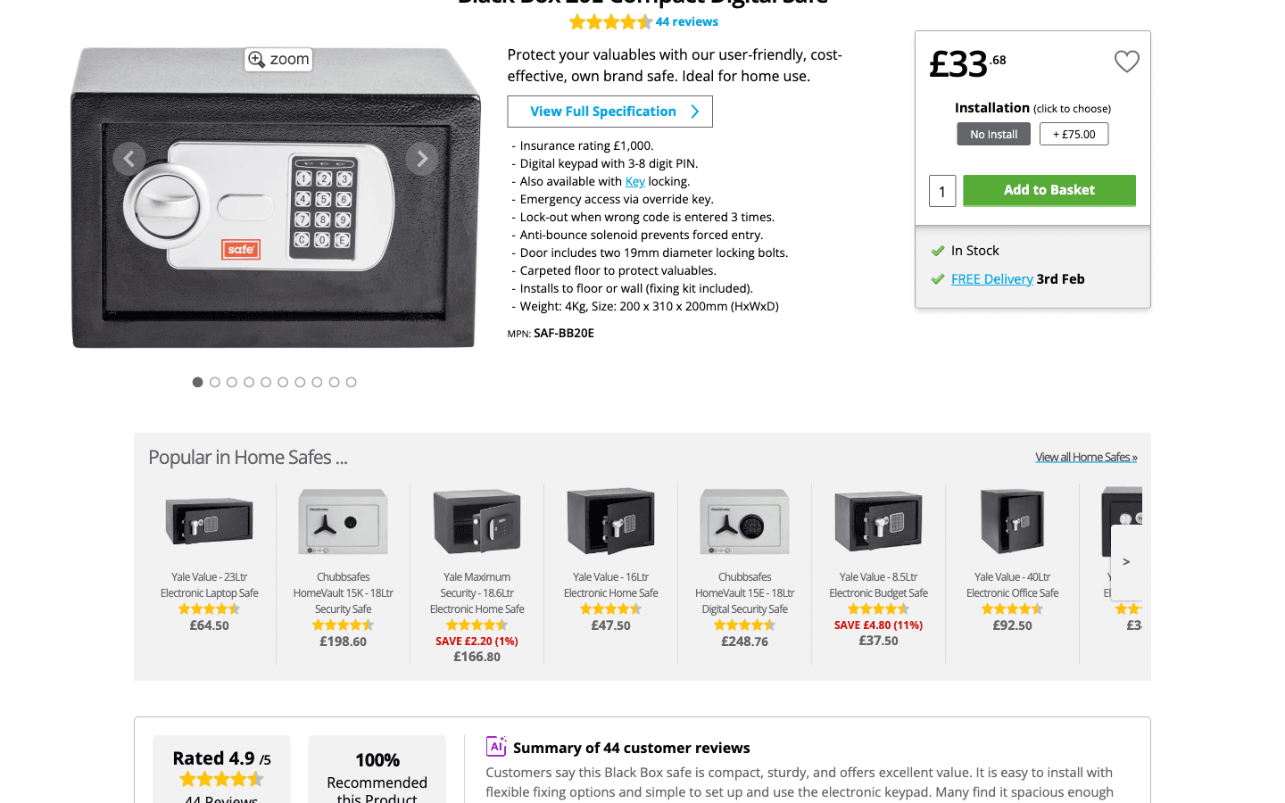 Safe.co.uk Produktseite mit Bildern, Preis und wichtigen Spezifikationen